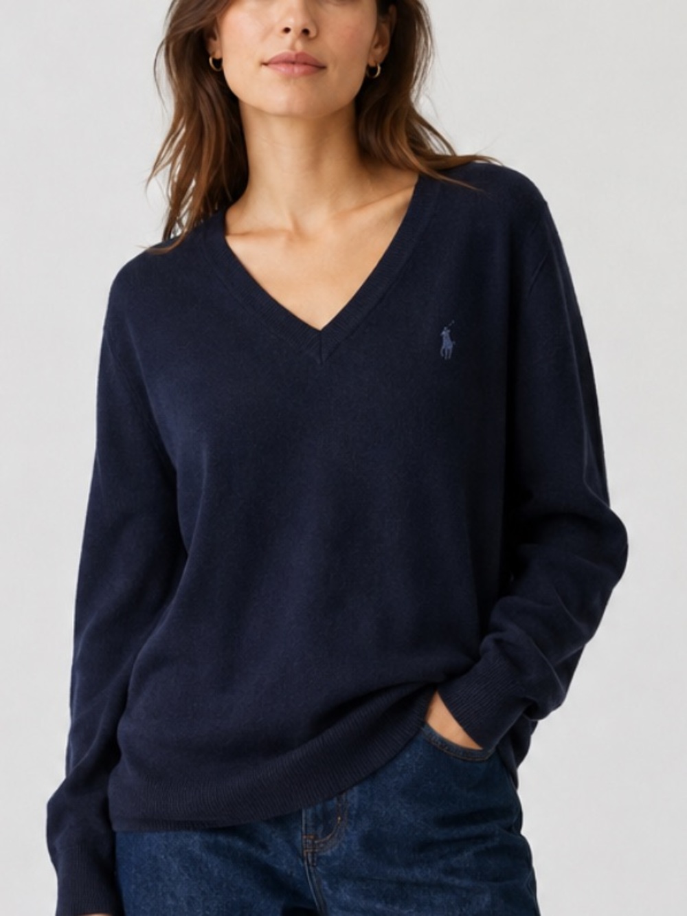 Ralph Lauren Boyfriend V Neck Washable Merino Wool Sweater in Navy Blue